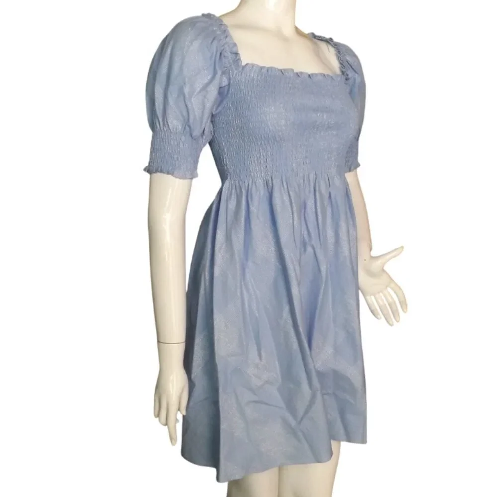 HILL HOUSE Mini Dress, S, Athena Nap, Powder Blue/Silver check, Smocking A-line - Picture 4 of 13